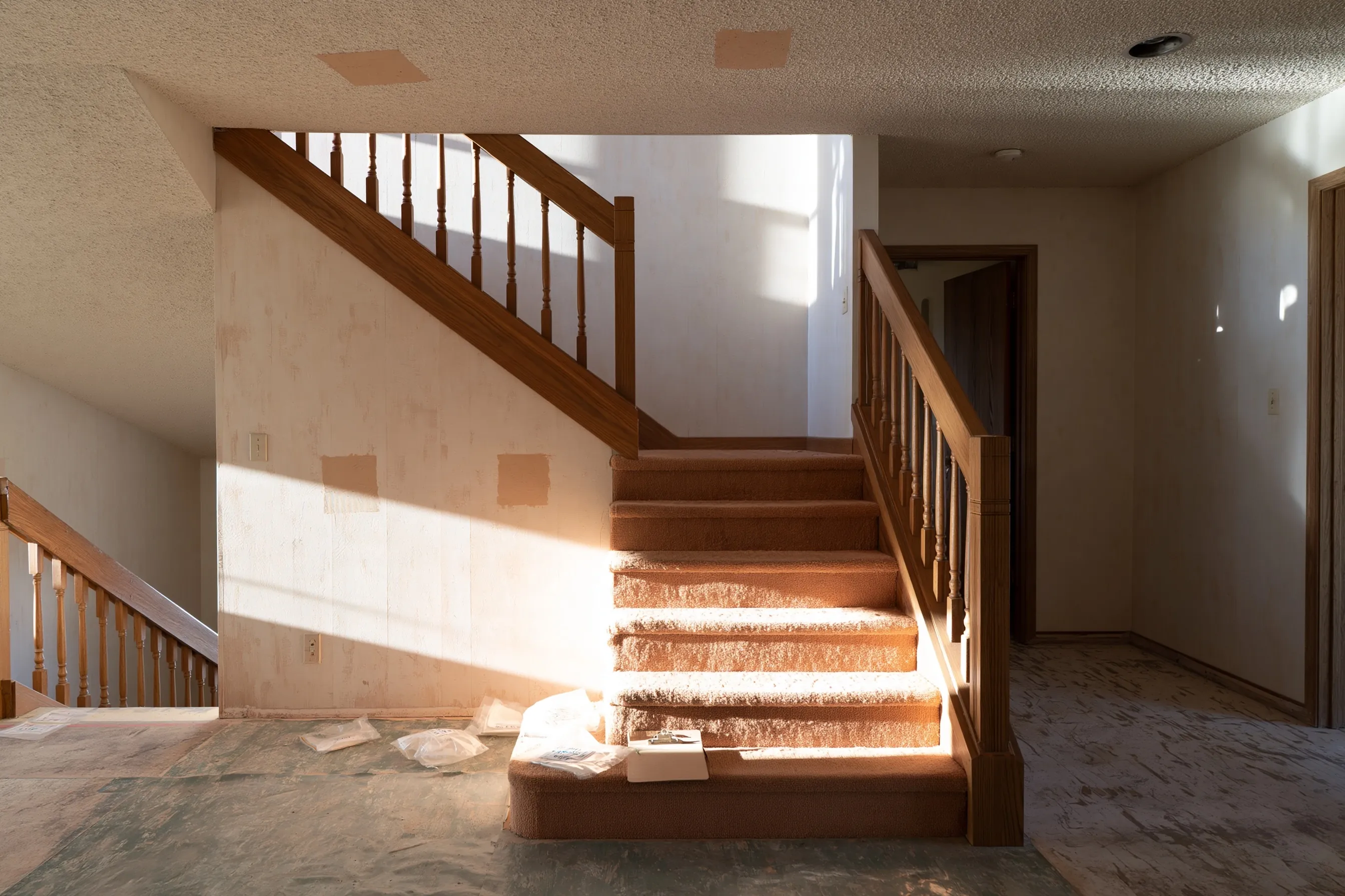 Entry of a 1970s split-level with small taped sample spots on ceiling, wall and floor and sealed sample bags on a step