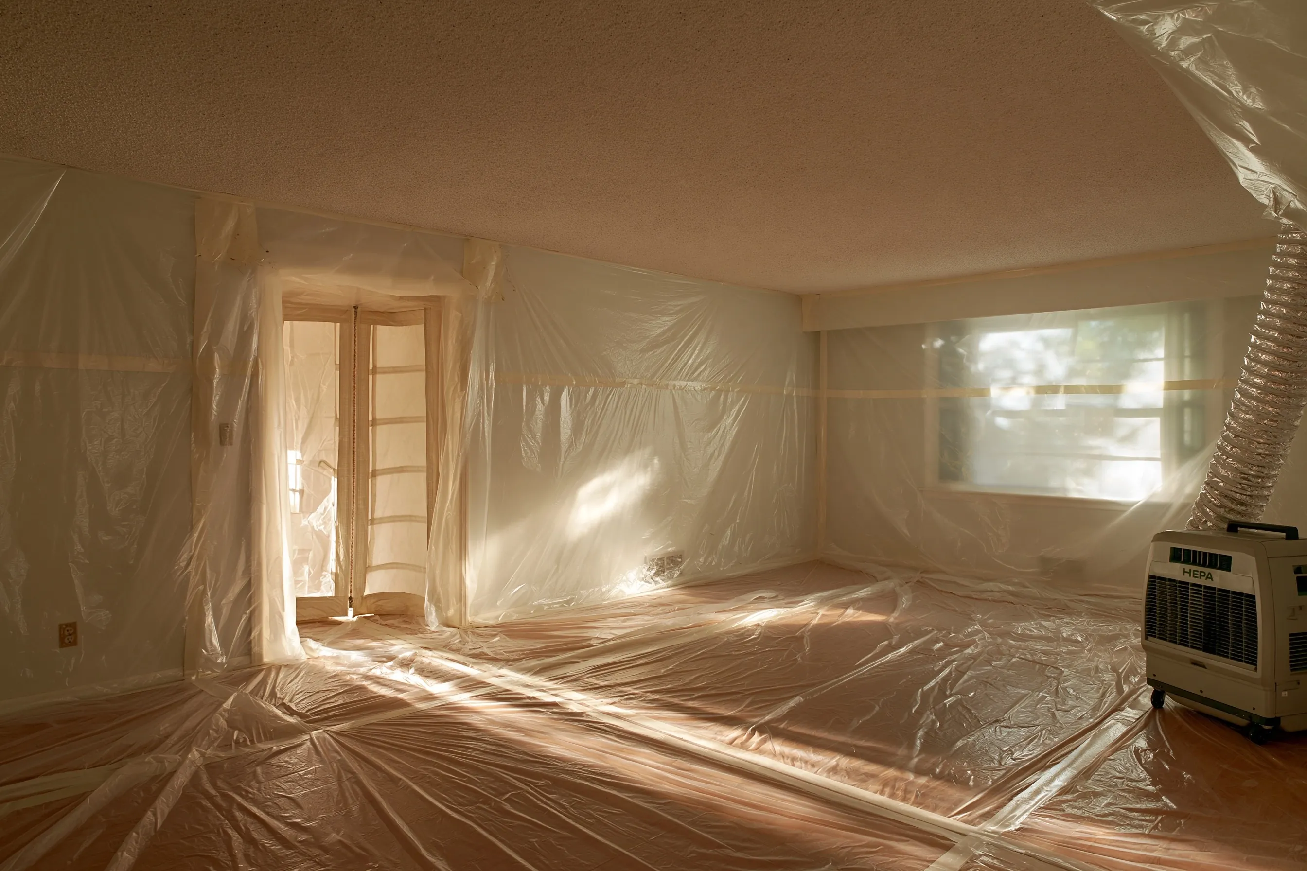 Textured popcorn (acoustic) ceiling in a 1970s living room, sealed off with plastic sheeting for abatement